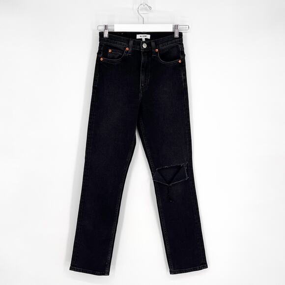 RE/DONE 70s Straight Jeans Women’s Size 24 Black Washed Noir Distressed Hole - Picture 2 of 6